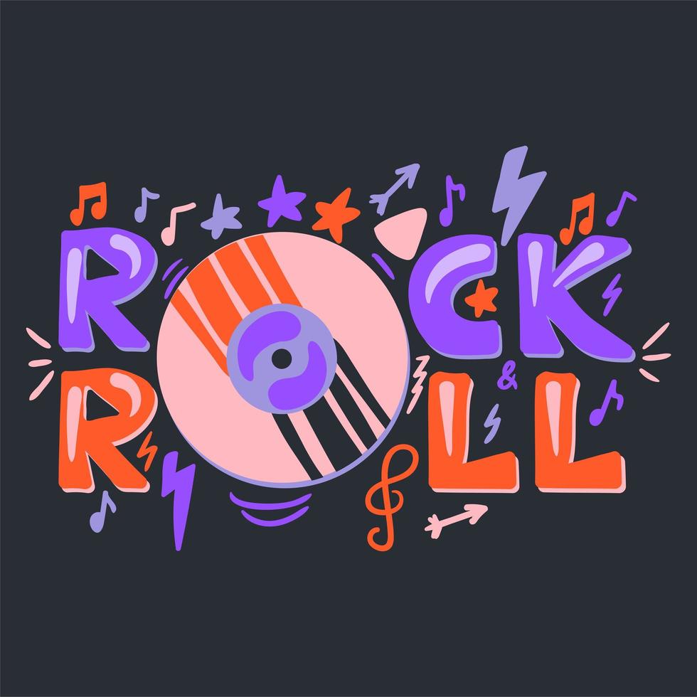 Rock N Roll hand drawn color lettering vector