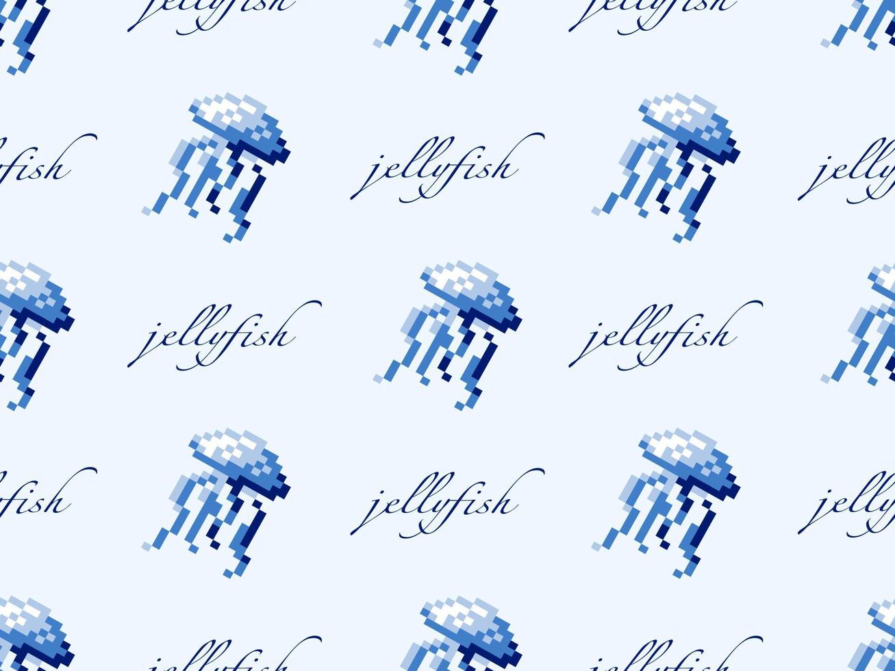 Jellyfish cartoon character seamless pattern on blue background.Pixel style vector