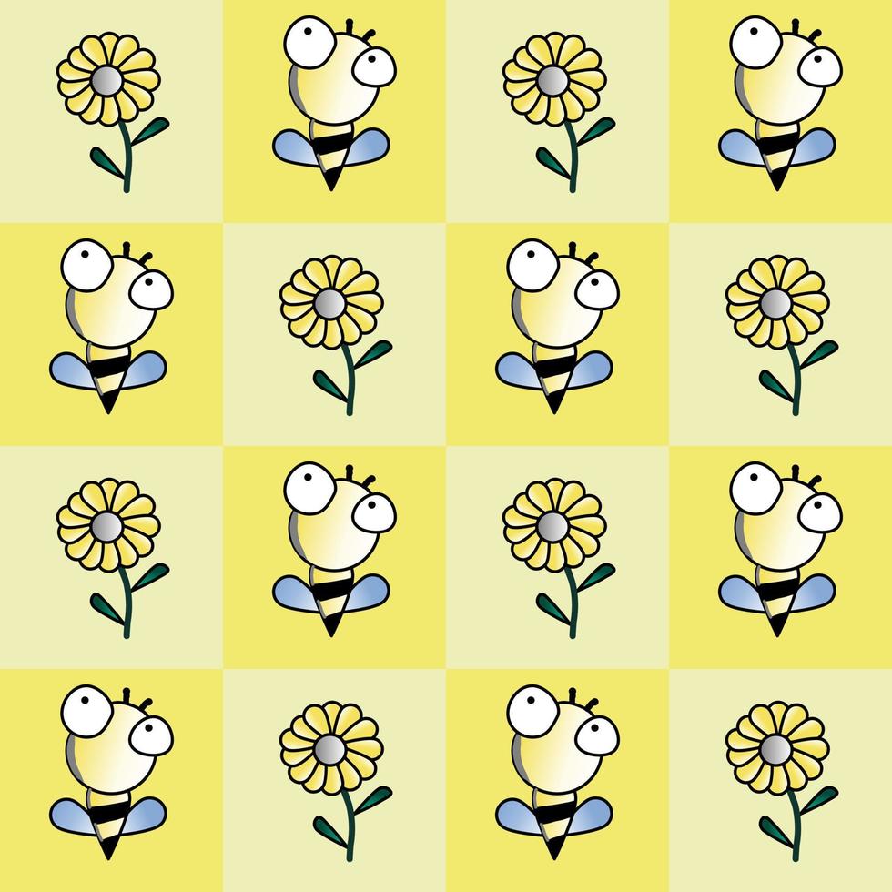 bee and flower cartoon characters on yellow background vector
