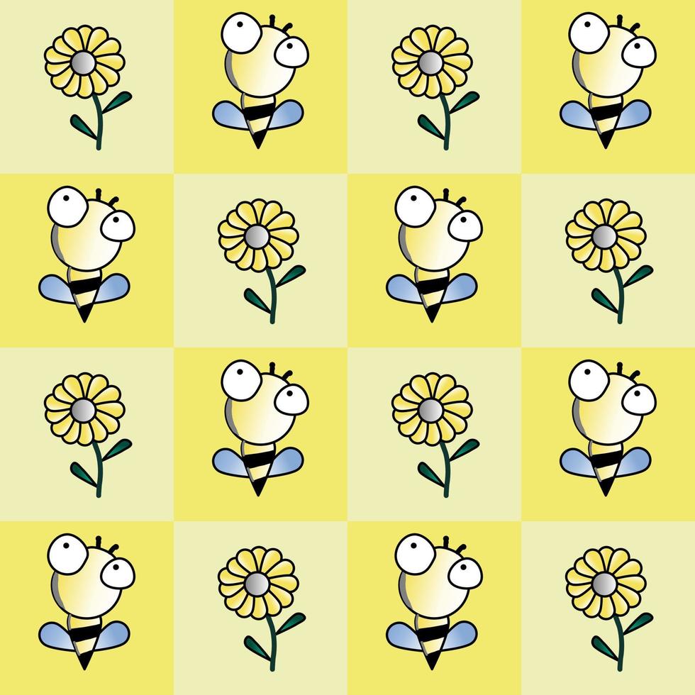 bee and flower cartoon characters on yellow background vector