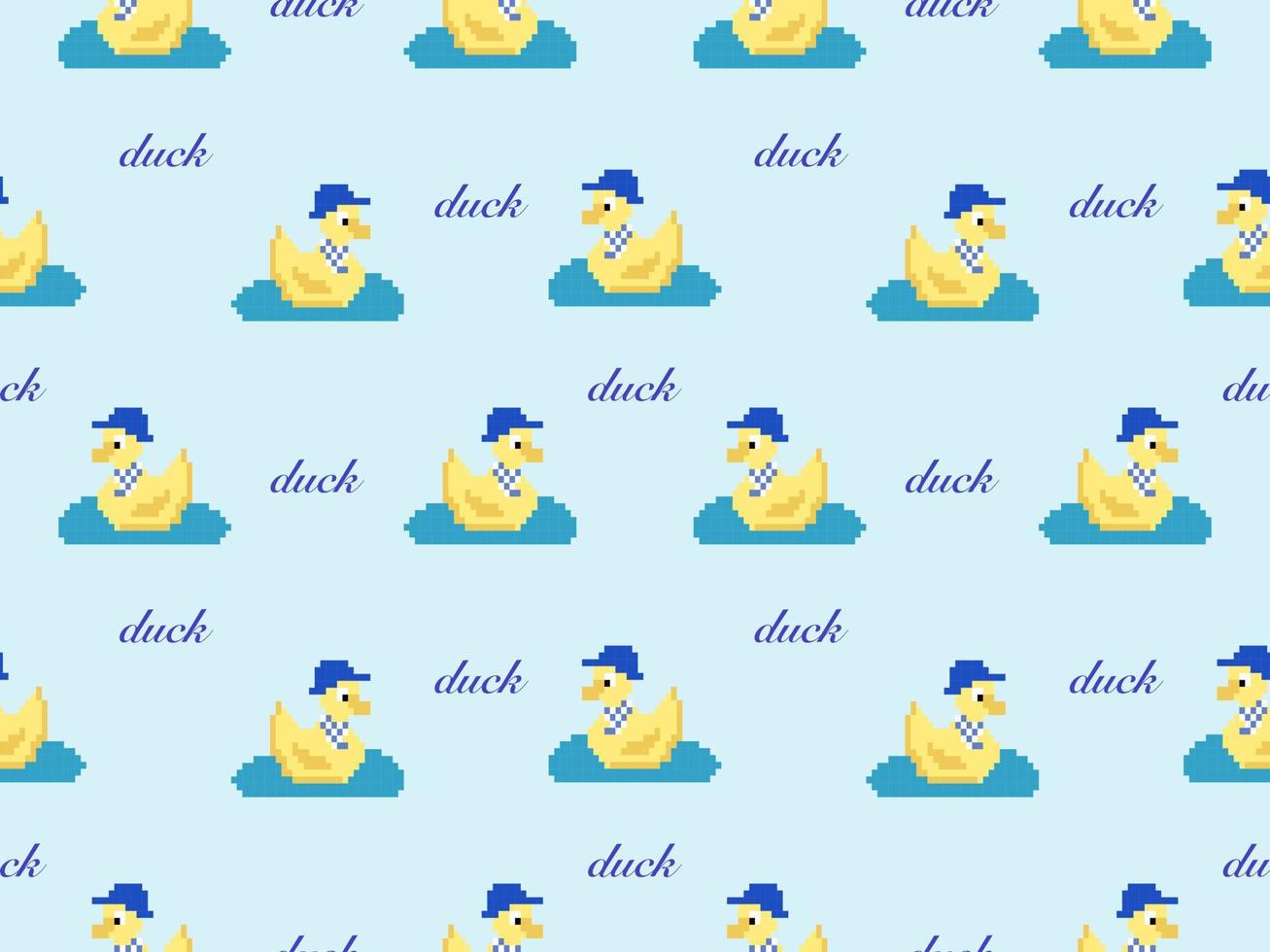 Duck cartoon character seamless pattern on blue background.Pixel style vector