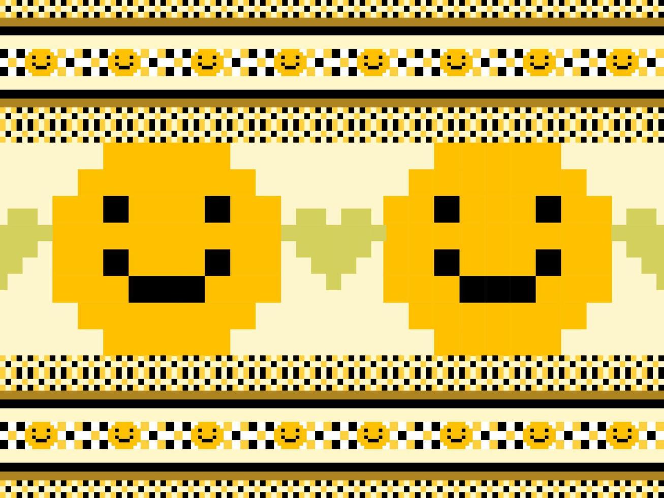 Smile cartoon character seamless pattern on yellow background.Pixel style vector
