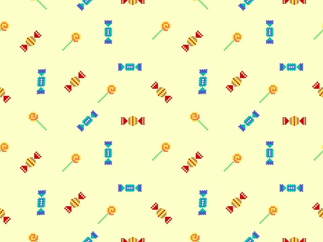 Candy cartoon character seamless pattern on yellow background.Pixel style vector