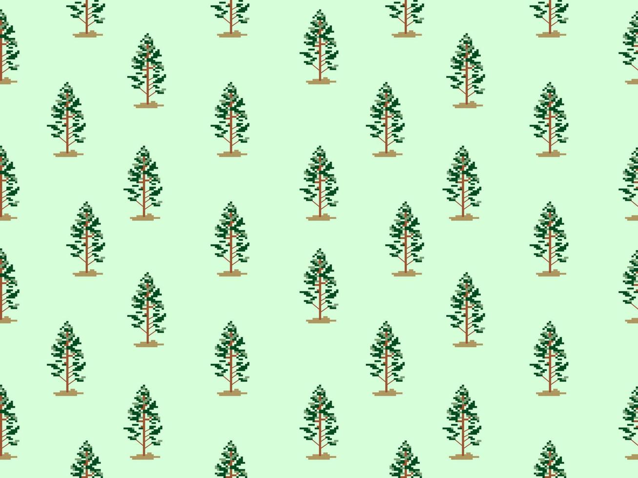 Tree cartoon character seamless pattern on green background.Pixel style vector