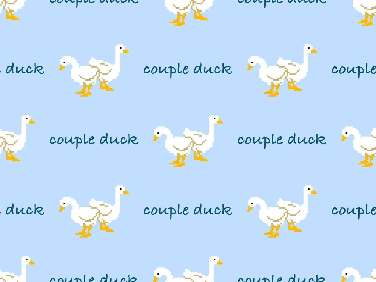 Duck cartoon character seamless pattern on blue background.Pixel style vector