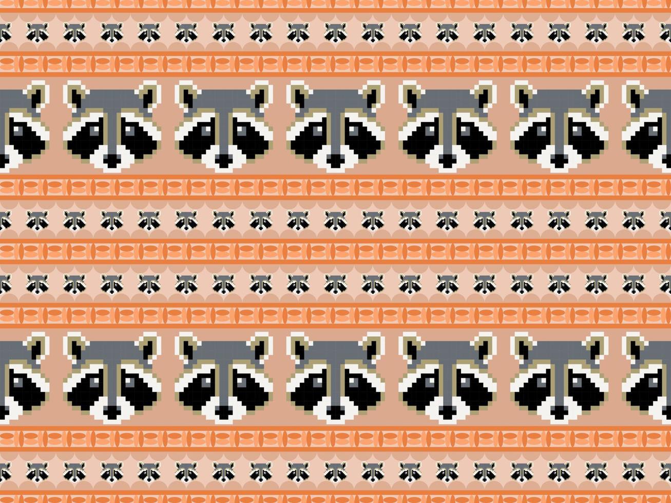 raccoon cartoon character seamless pattern on orange background. Pixel style vector