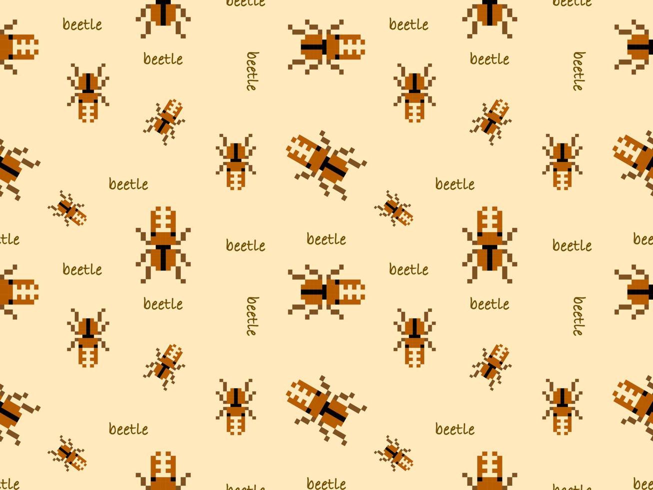 Beetle cartoon character seamless pattern on brown background.Pixel style vector