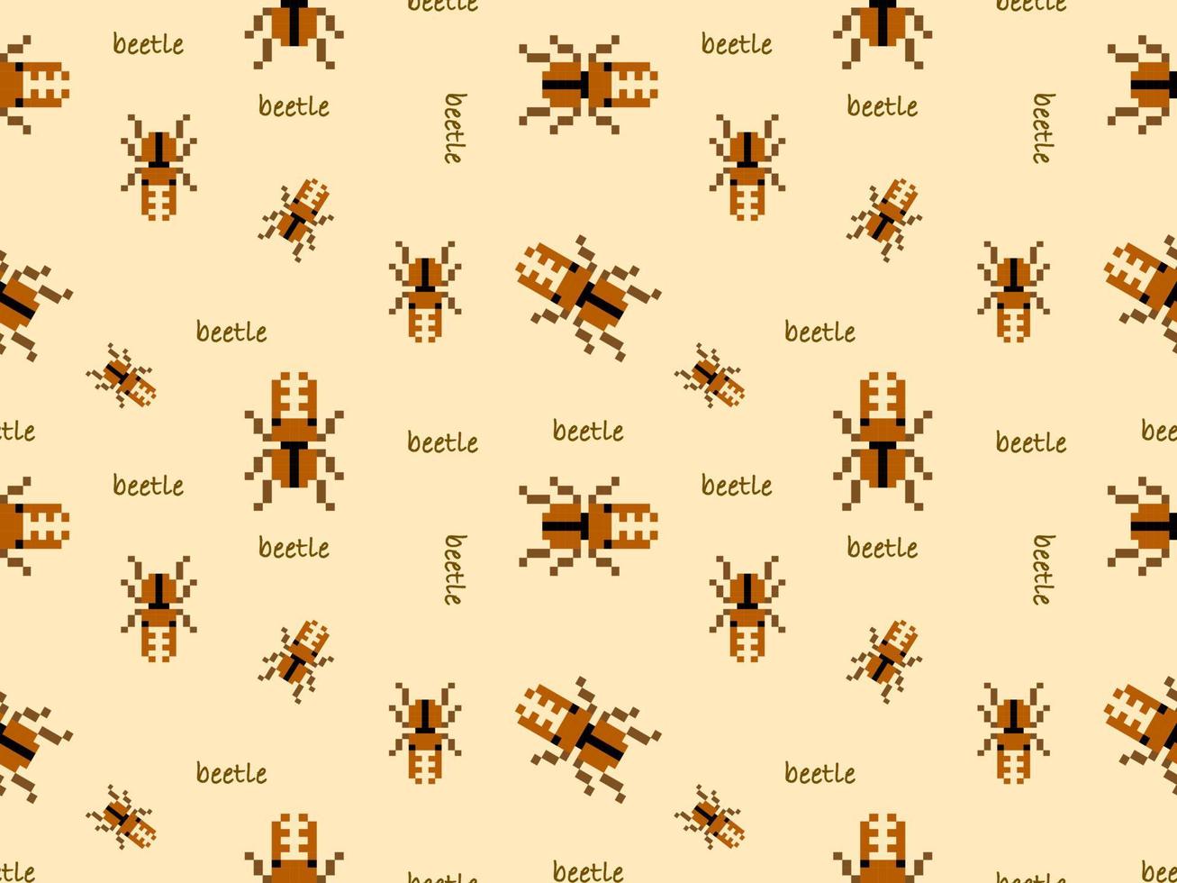 Beetle cartoon character seamless pattern on brown background.Pixel style vector