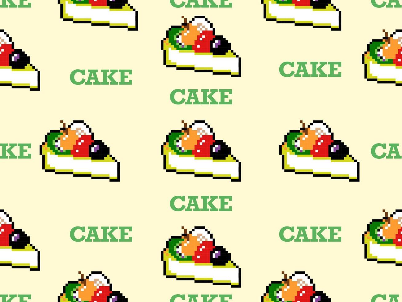 pastel de frutas personaje de dibujos animados de patrones sin fisuras sobre fondo amarillo.estilo de píxel vector