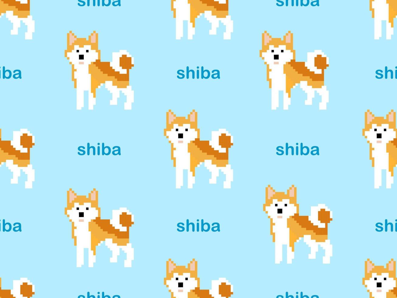 shiba cartoon character seamless pattern on blue background.Pixel style vector