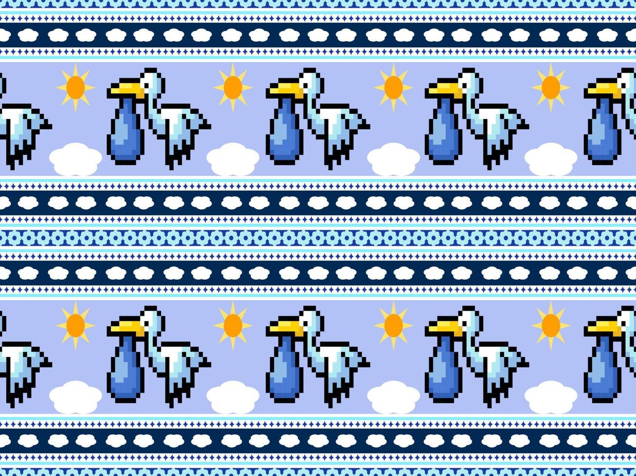 Bird cartoon character seamless pattern on blue background.Pixel style vector