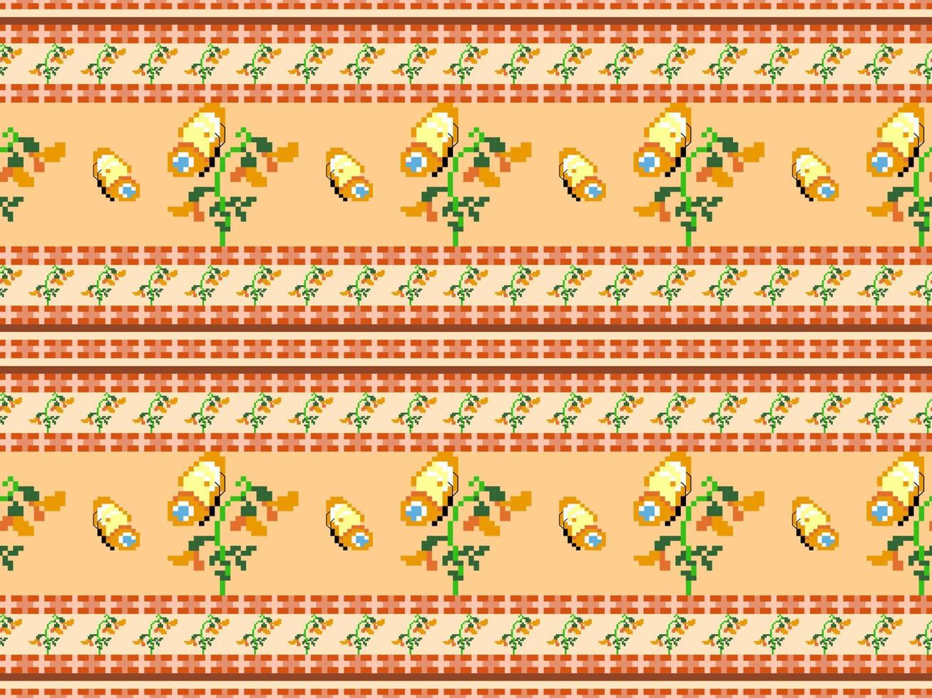 Butterfly and flower cartoon character seamless pattern on orange background.Pixel style vector