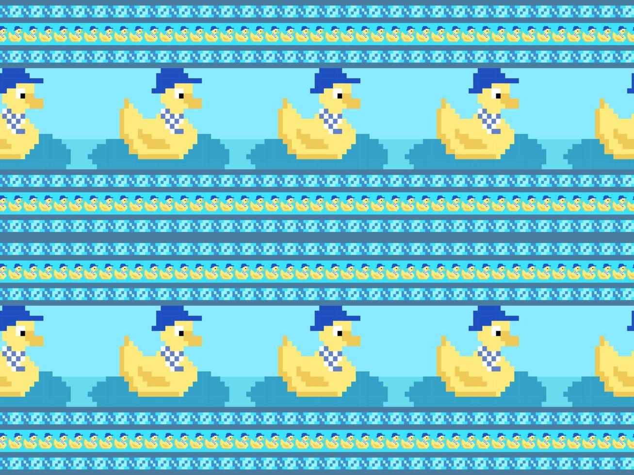 Duck cartoon character seamless pattern on blue background.Pixel style vector