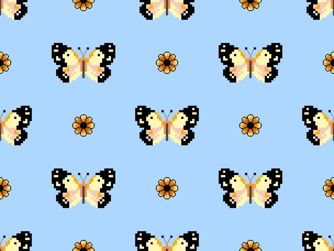 butterfly cartoon character seamless pattern on blue background.Pixel style vector