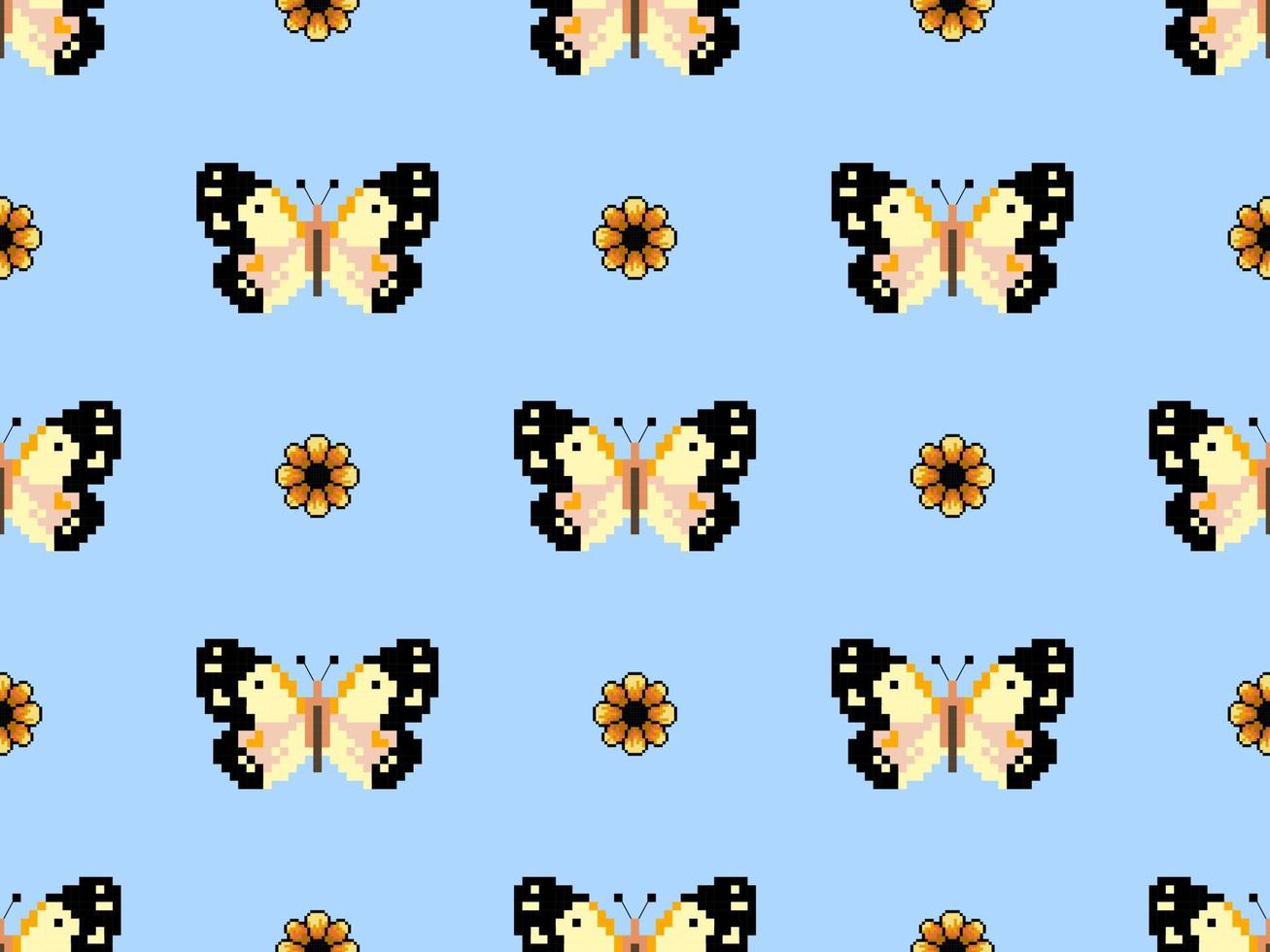 patrón sin fisuras de personaje de dibujos animados de mariposa sobre fondo azul.estilo de píxel vector