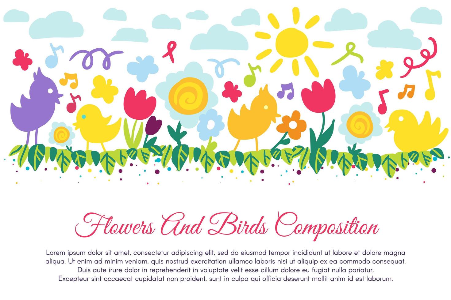 Birds and flowers flat banner with copyspace vector