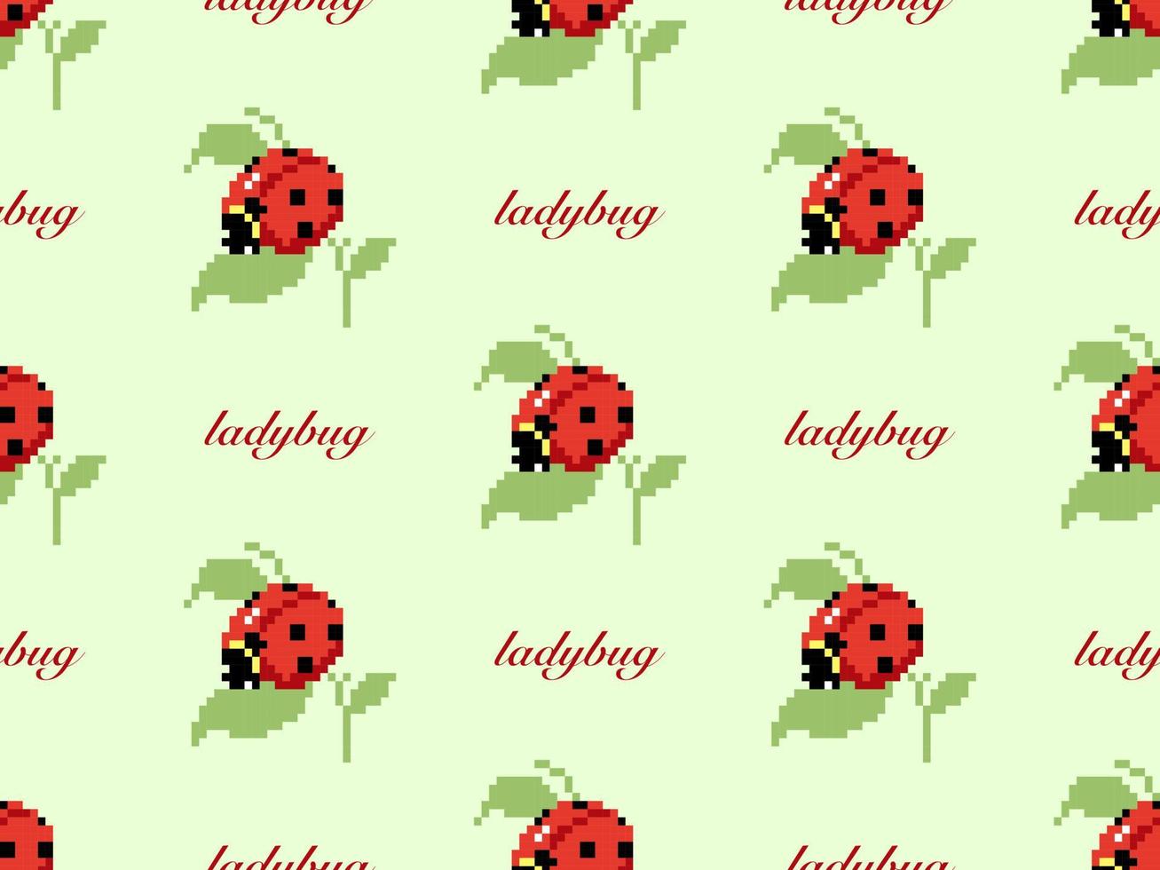 Ladybug cartoon character seamless pattern on green background. Pixel style vector
