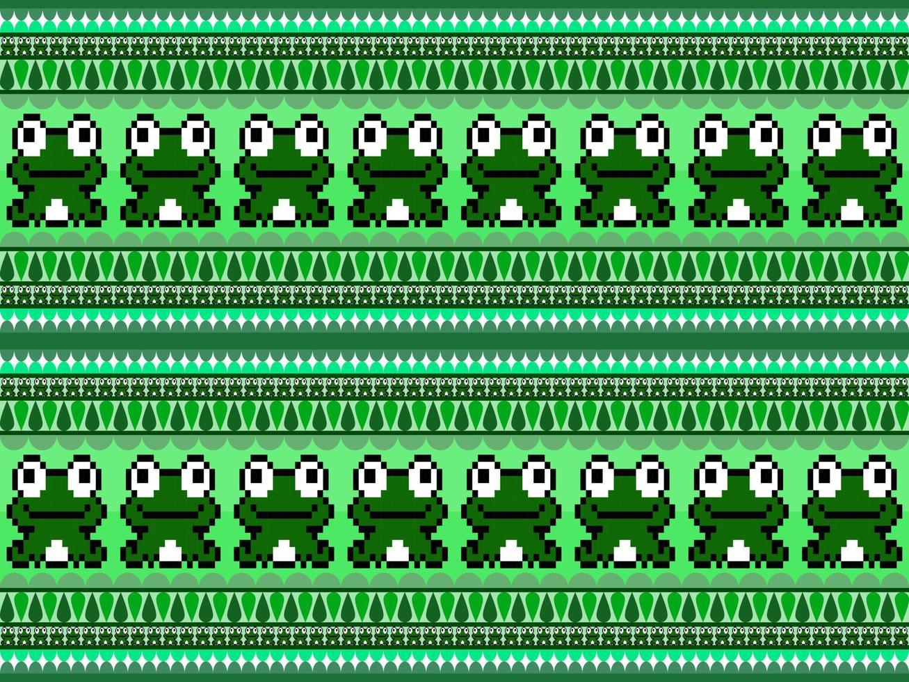 Frog cartoon character seamless pattern on green background. Pixel style vector