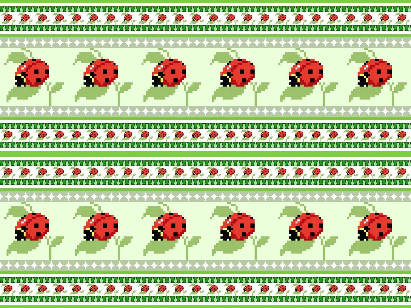 Ladybug cartoon character seamless pattern on green background. Pixel style vector