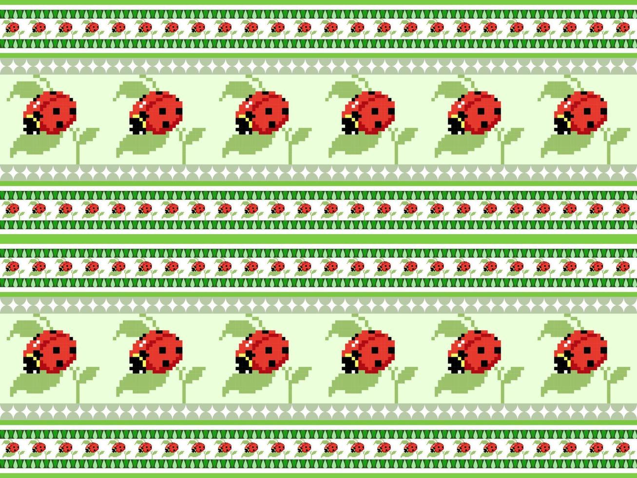 Ladybug cartoon character seamless pattern on green background. Pixel style vector