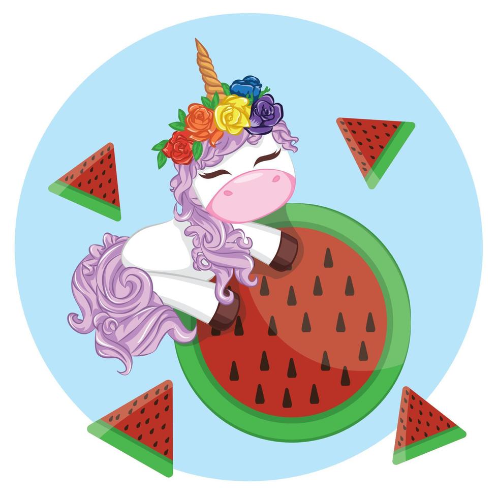 Cartoon mascot cute character vector illustration a unicorn is with watermelon