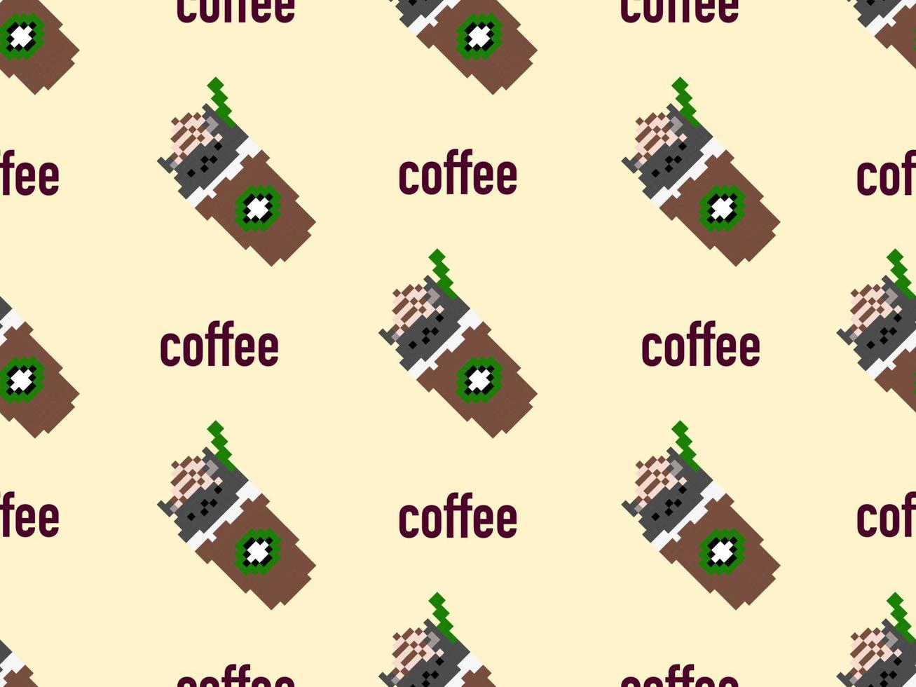 Coffee cartoon character seamless pattern on yellow background.Pixel style vector