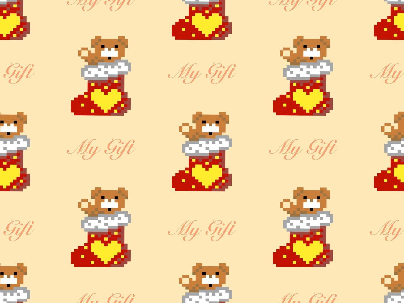 Bear and Christmas socks cartoon characters seamless pattern on yellow background vector