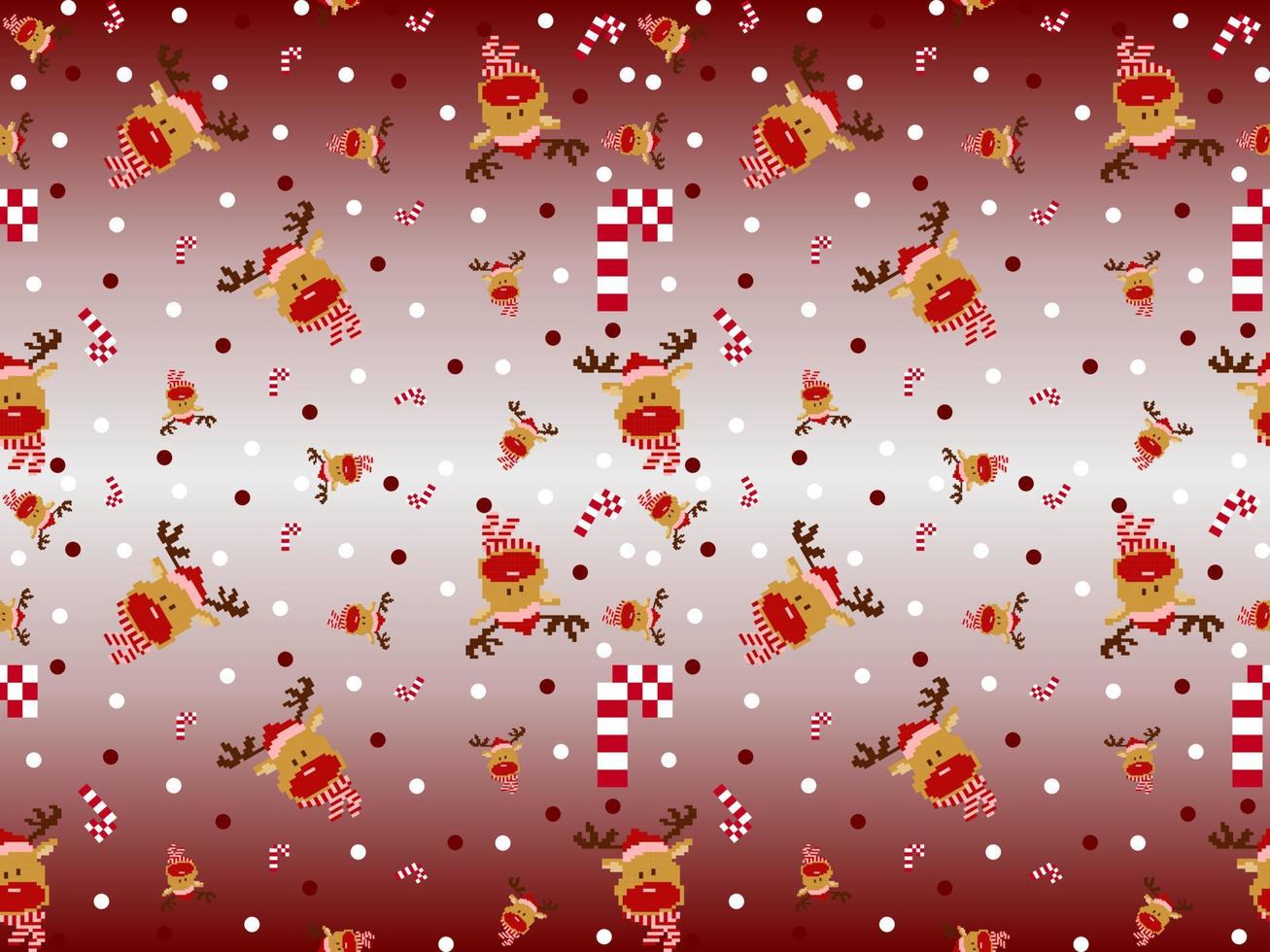 Reindeer cartoon character seamless pattern on red background. Pixel style vector