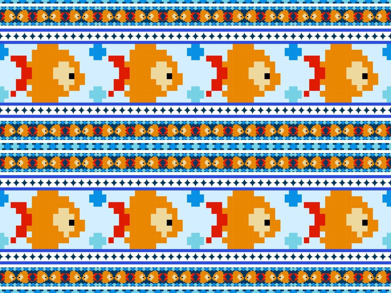 Fish cartoon character seamless pattern on blue background.Pixel style vector