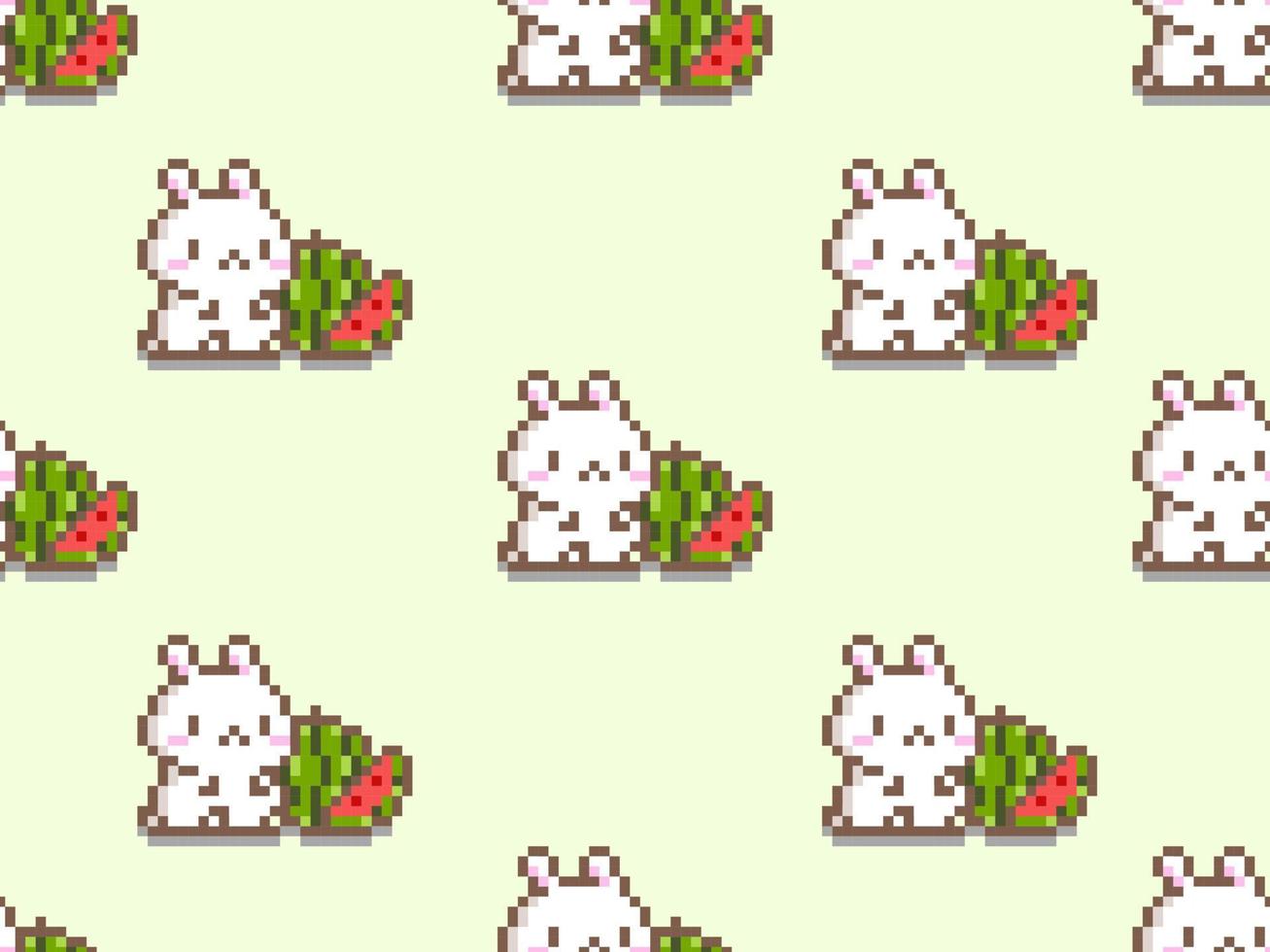 Rabbit cartoon character seamless pattern on green background.Pixel style vector