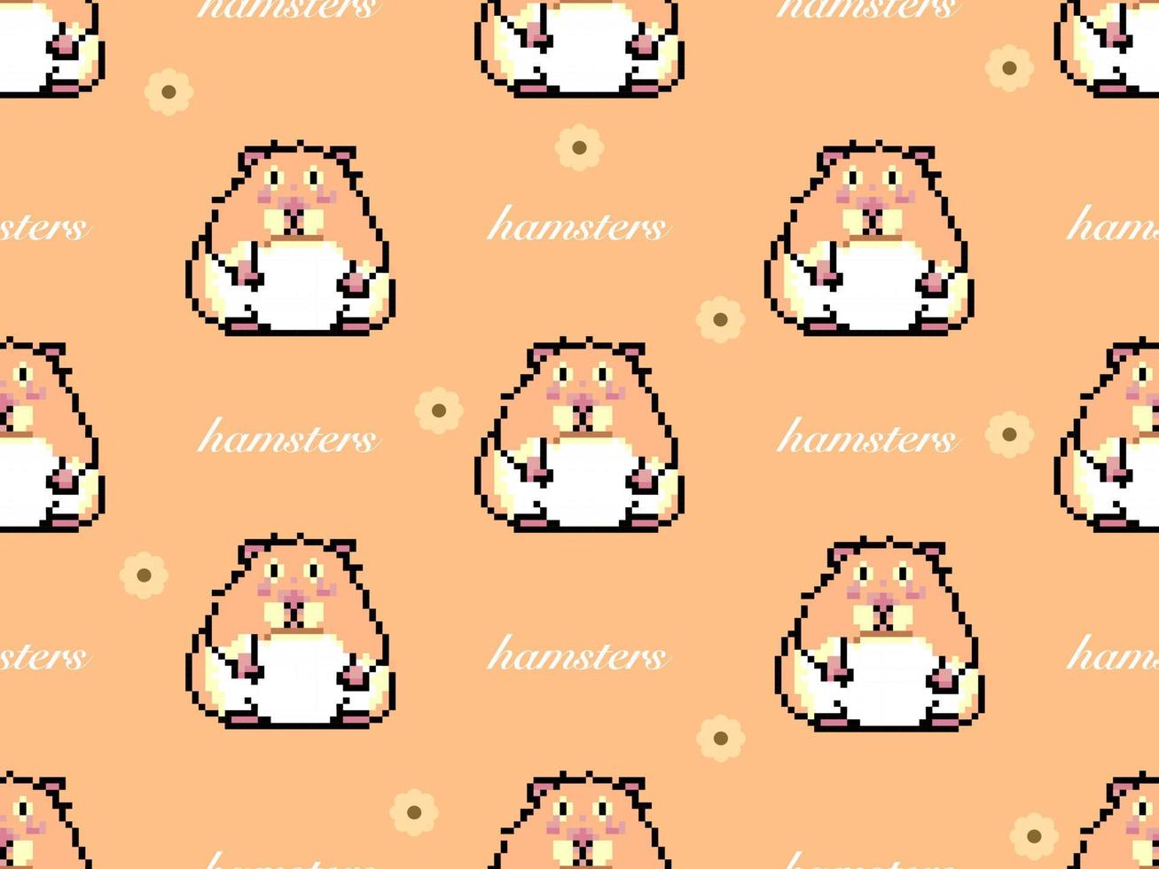 Hamster cartoon character seamless pattern on brown background.Pixel style vector