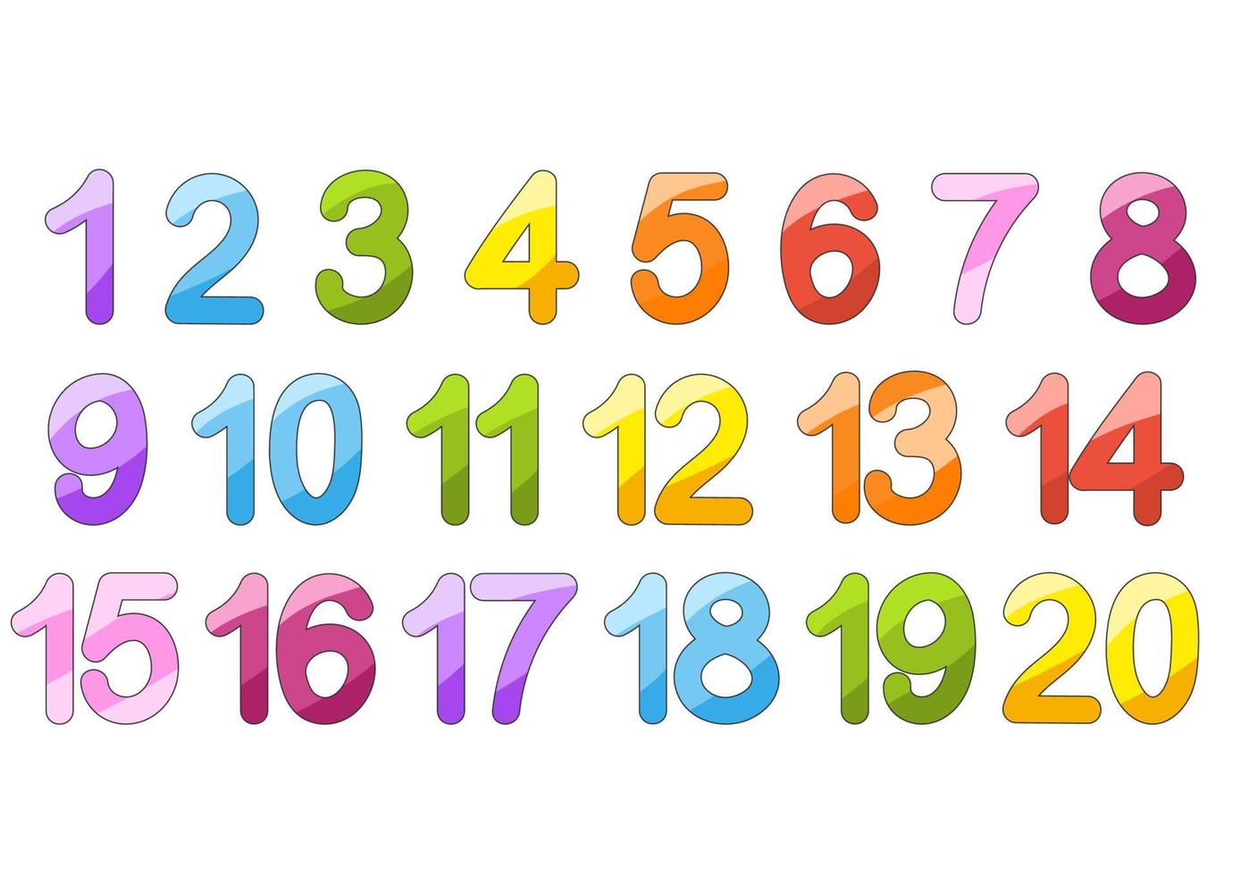 A set of numbers from one to twenty. Bright colorful collection. For teaching children. Simple flat vector illustration isolated on white background.