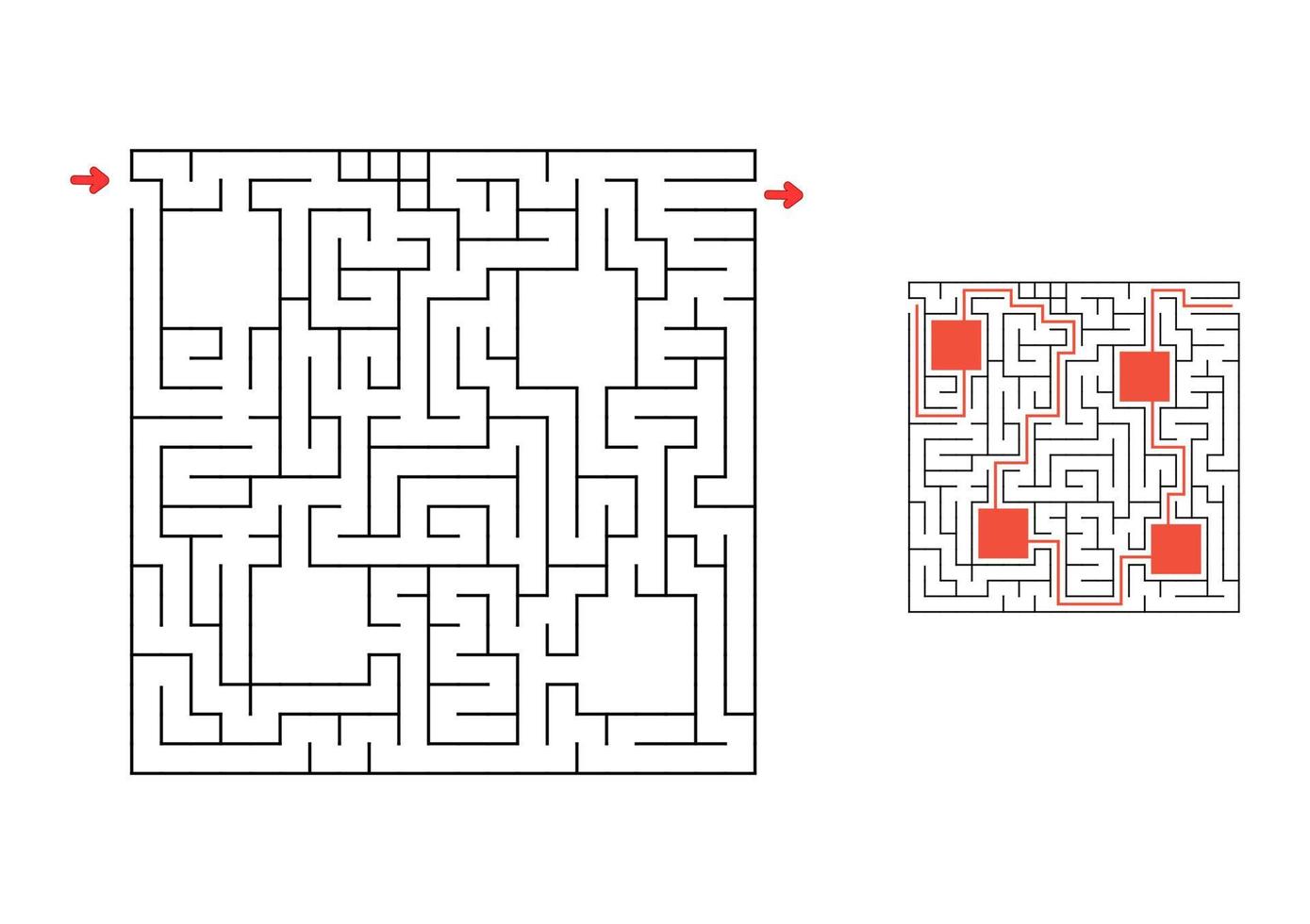 Square maze with answer. Game for kids. Puzzle for children. Labyrinth conundrum. Find the right path. vector