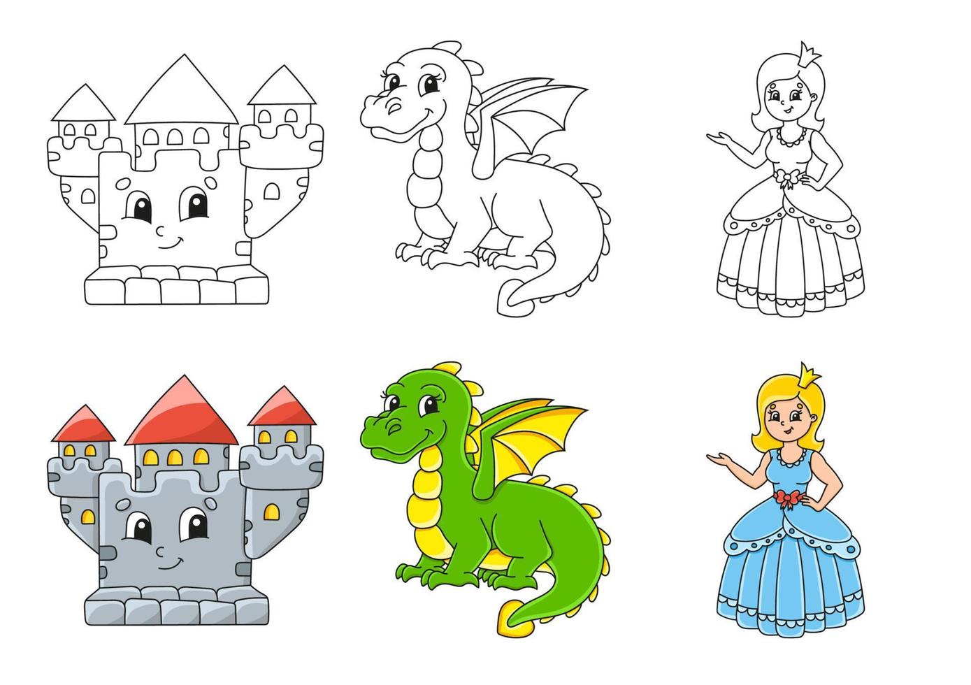 Set coloring page for kids. Fairytale theme. vector