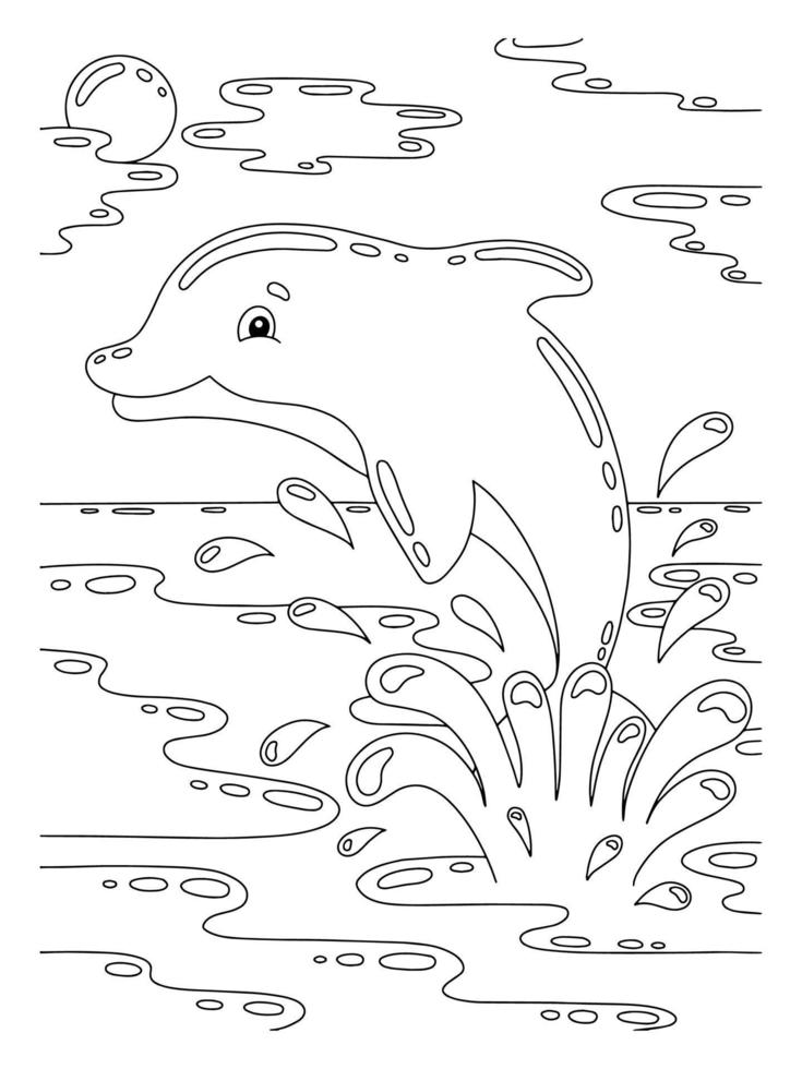 A cute dolphin jumps out of the water. Coloring book page for kids. Cartoon style character. Vector illustration isolated on white background.