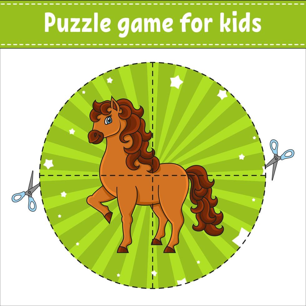 Cut and play. Cute horse. Farm animal. Round puzzle. Logic puzzle for kids. Activity page. Cutting practice for preschool. Cartoon character. vector