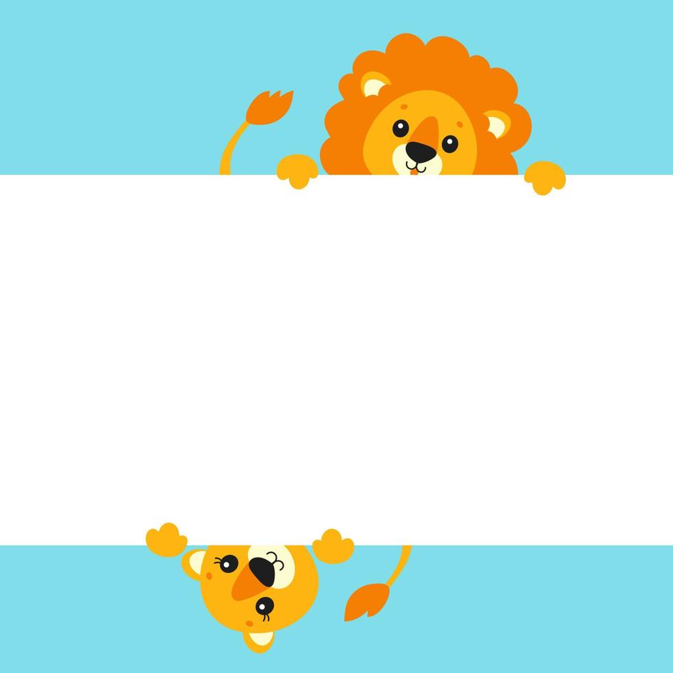 Funny lion and lioness. Cute cartoon character holding white blank poster. With place for text. Colored vector illustration.