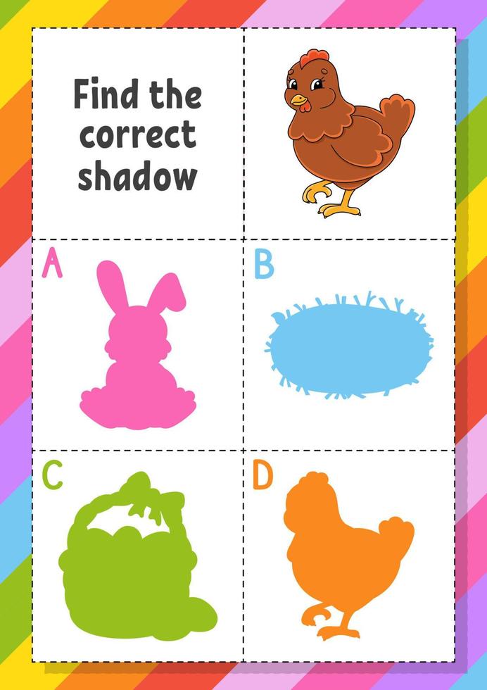 Find the correct shadow. Easter theme. Education developing worksheet for kids. Puzzle game. Activity page. cartoon character. Vector illustration.