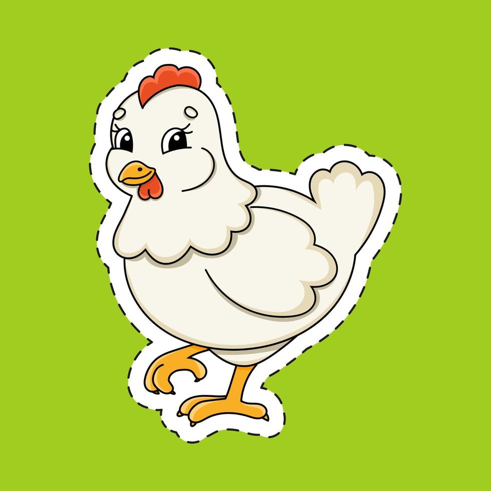 Sticker with contour hen . cartoon character. Colorful vector illustration. Isolated on color background. Template for your design.