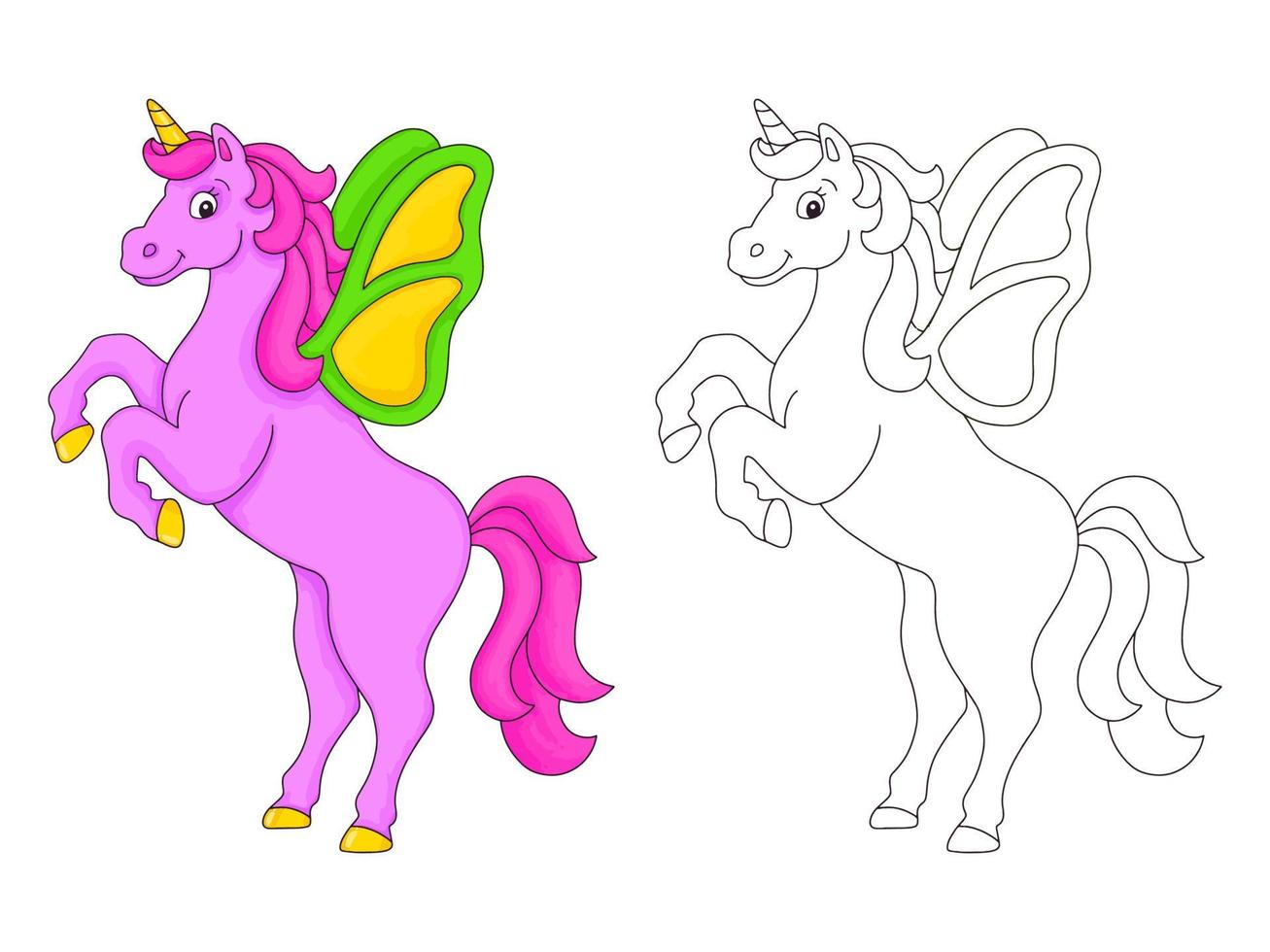 el unicornio con alas se levantó. página de libro para colorear para niños. personaje de estilo de dibujos animados. ilustración vectorial aislado sobre fondo blanco. vector