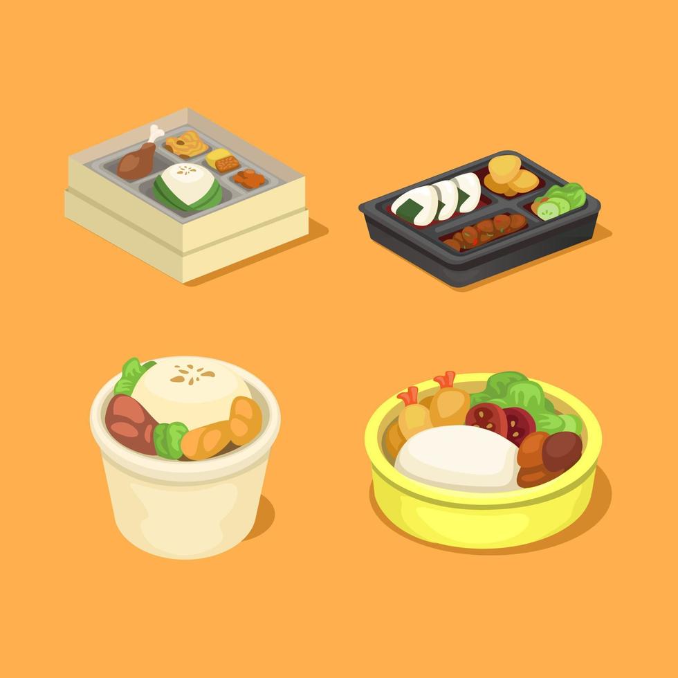 caja de arroz, tazón y bento colección de empaques de productos alimenticios asiáticos set vector de ilustración