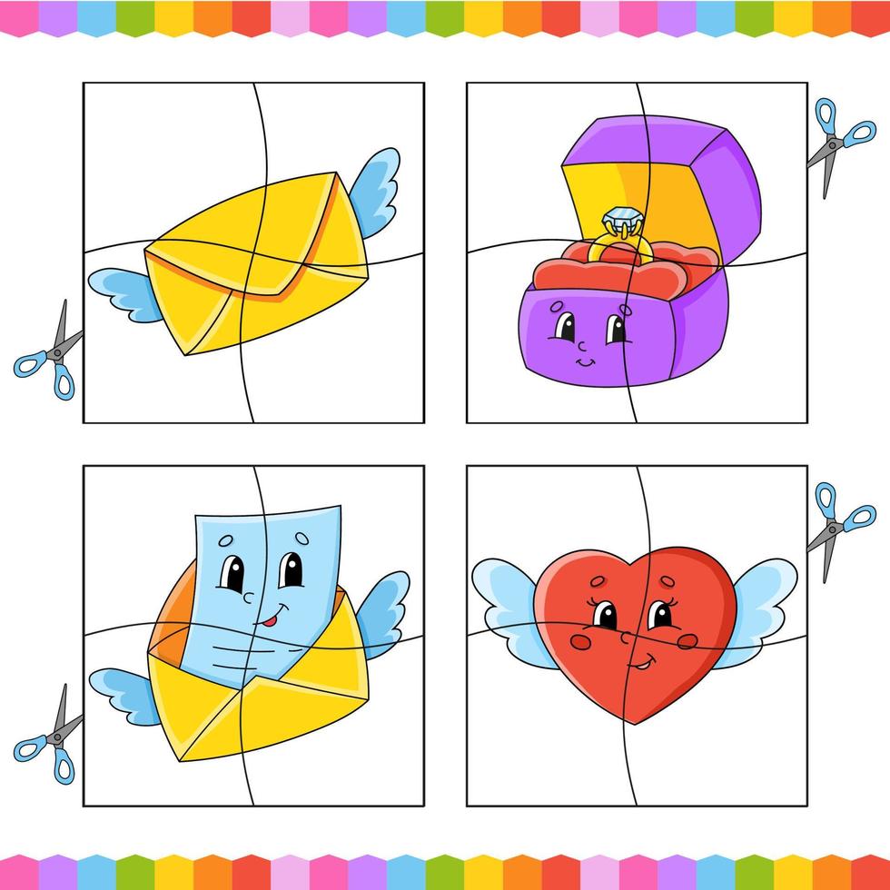 Cut and play. Paper game with glue. Flash cards. Education worksheet. Activity page. Funny character. Isolated vector illustration. cartoon style. Valentine's Day