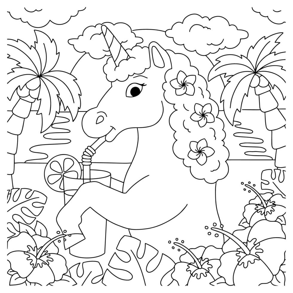 Magic fairy horse. Unicorn is drinking juice on the beach. Coloring book page for kids. Cartoon style character. Vector illustration isolated on white background.