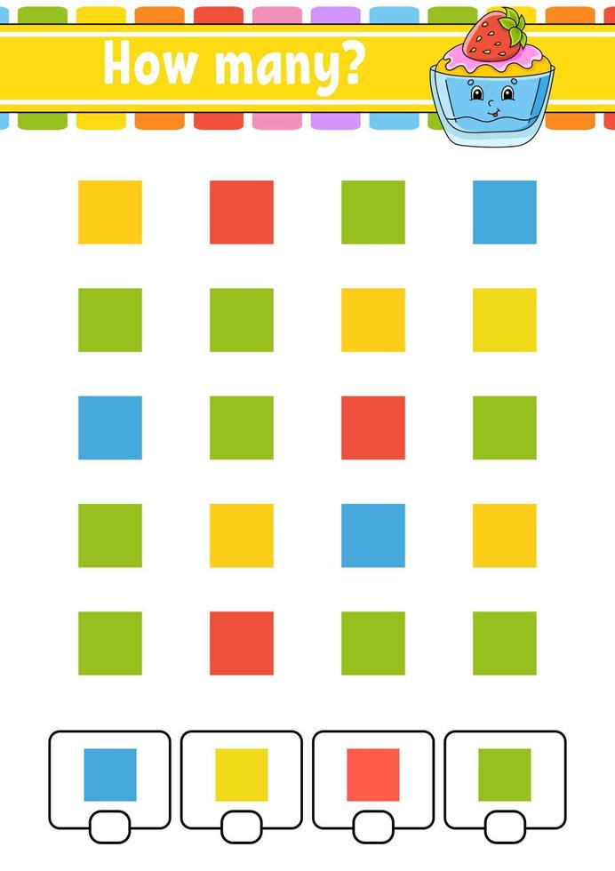 Counting game for children. Happy characters. Learning mathematics. How many object in the picture. Education worksheet. With space for answers. Isolated vector illustration in cute cartoon style.