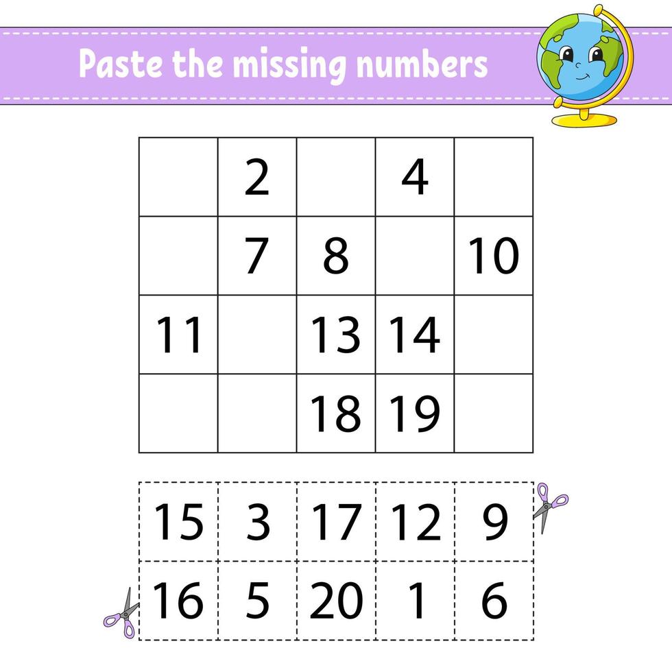 Paste the missing numbers 1-20. Game for children. Handwriting practice. Learning numbers for kids. Education developing worksheet. Activity page. Isolated vector illustration in cute cartoon style.