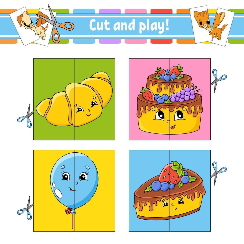 Cut and play. Flash cards. Color puzzle. Education developing worksheet. Birthday theme. Activity page. Game for children. Funny character. Isolated vector illustration. cartoon style.