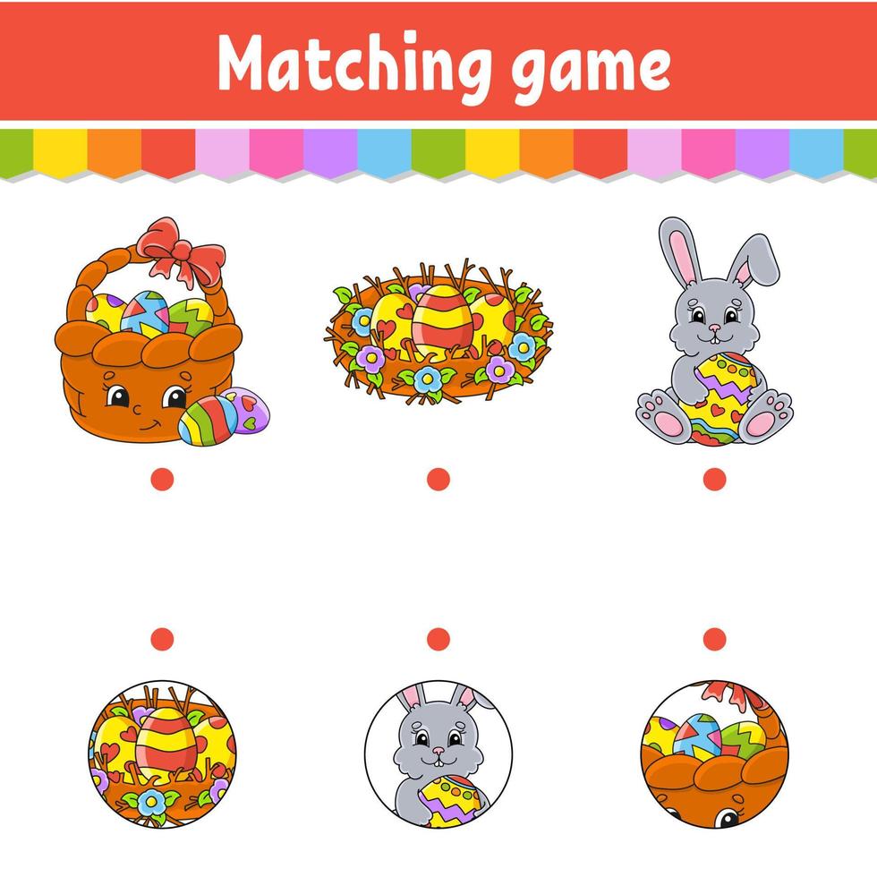 Matching game for kids. Education developing worksheet. Draw a line. Easter theme. Activity page. cartoon character. Vector illustration.