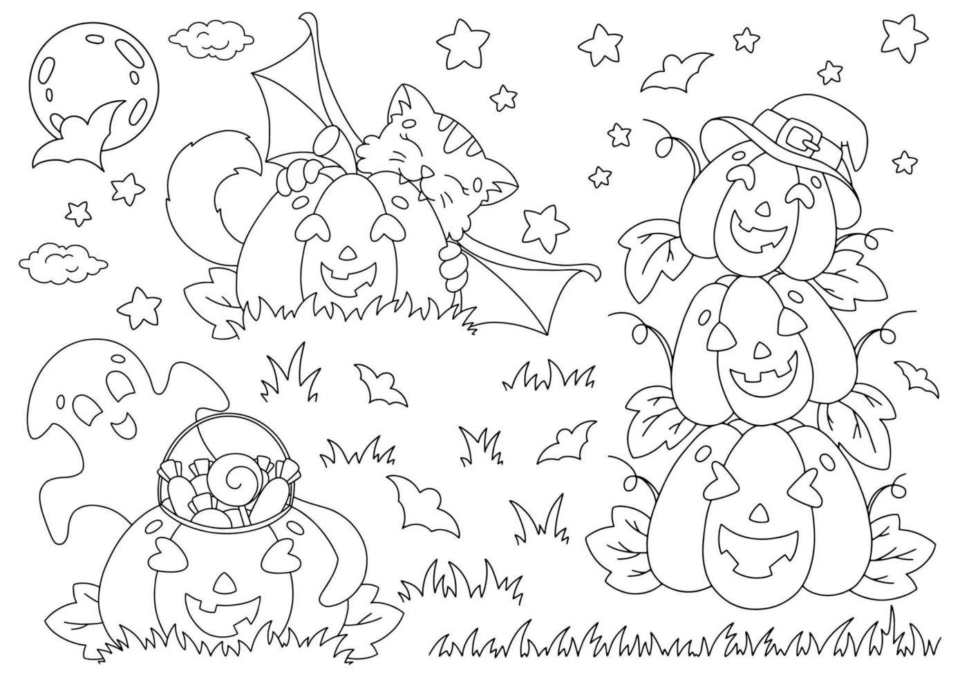 conjunto de divertidas calabazas, murciélagos, estrellas. página de libro para colorear para niños. tema de halloween personaje de estilo de dibujos animados. ilustración vectorial aislado sobre fondo blanco. vector