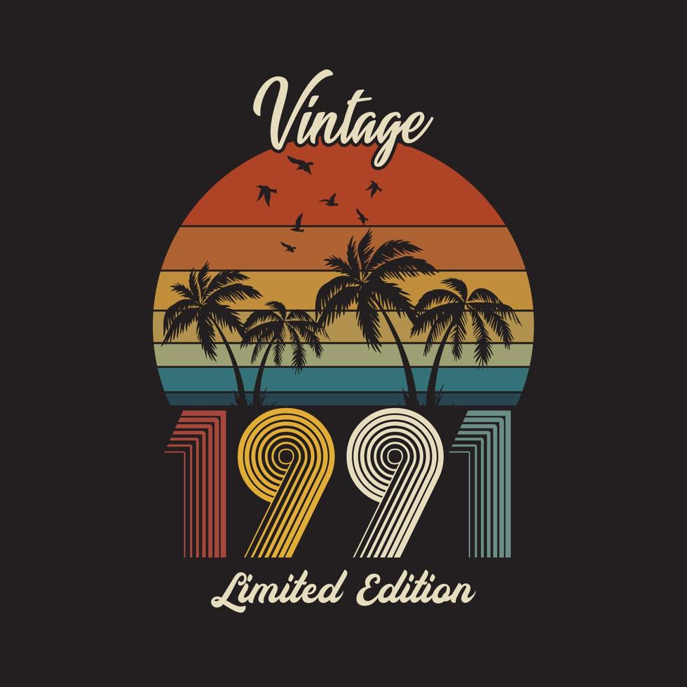 1991 diseño de camiseta retro vintage, vector, fondo negro vector