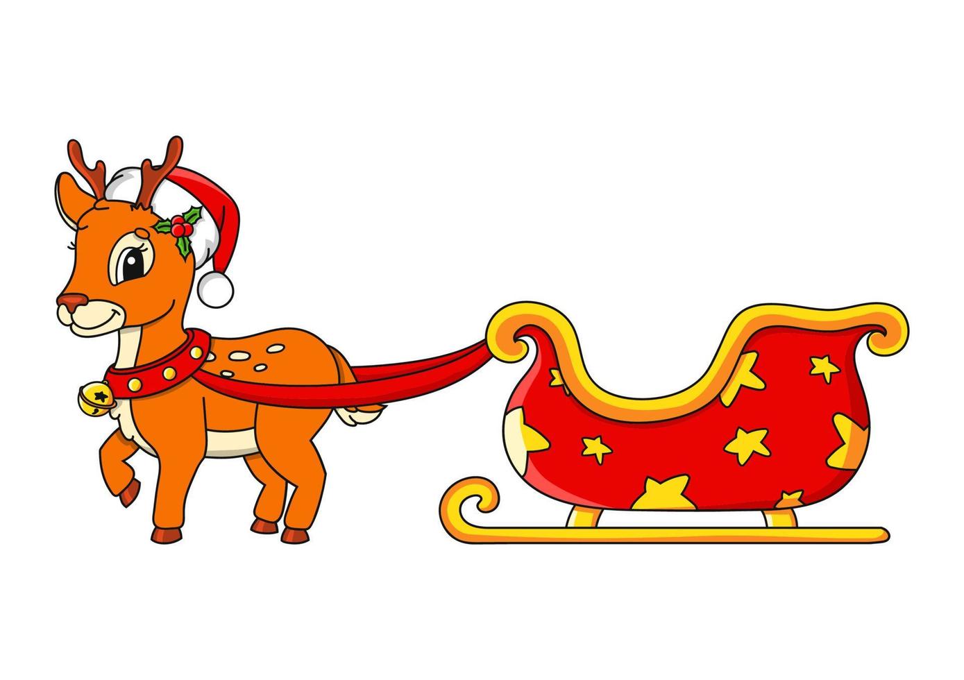 Deer with Christmas sleigh. Cartoon character. Colorful vector illustration. Isolated on white background. Design element. Template for your design, books, stickers, cards.